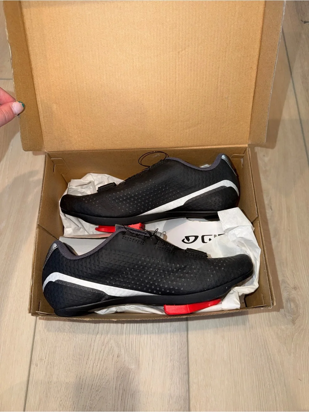 Giro Black Cycling Shoes with White Stripe and Red Cleat Inserts